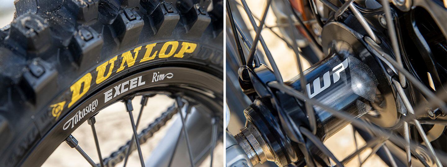 Husqvarna’s Factory Racing wheelset features Excel rims, instead of the standard model’s D.I.D DirtStar hoops, and black anodized hubs and spoke nipples.