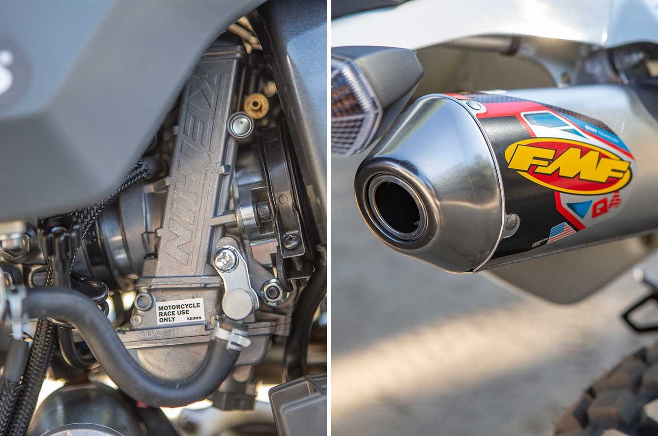 The FMF PowerBomb header pipe and FMF Q4 muffler coupled with the Keihin carburetor go together like peanut butter and jelly, creating an amazingly connected throttle to rear wheel feel as well as a low-end grunt that truly brought the DR-Z out of its shell.