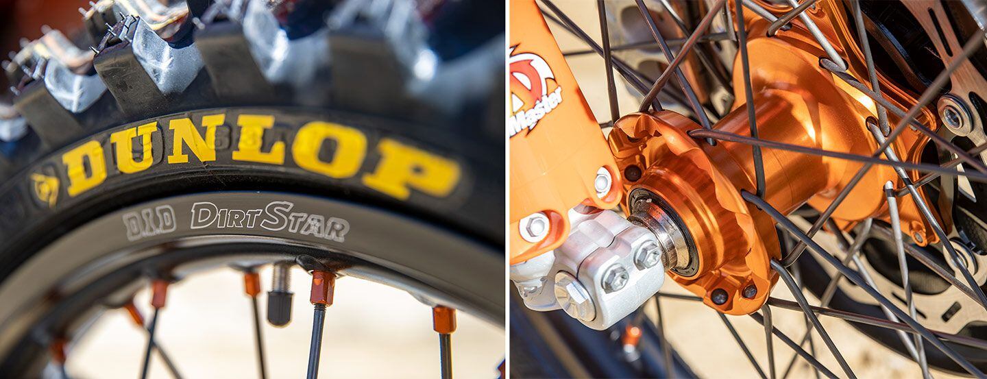 A KTM Factory wheelset differs from the standard model’s with D.I.D DirtStar rims (instead of Excel hoops), and orange hubs and spoke nipples.