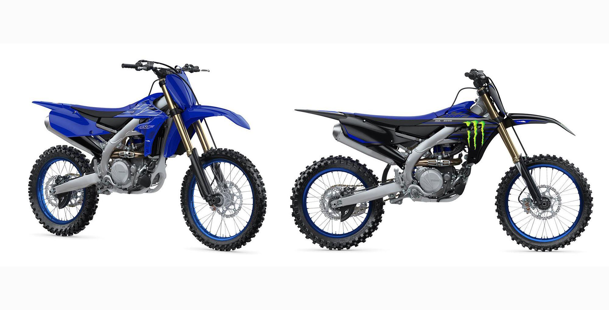 The 2022 Yamaha YZ450F (left) and YZ450F Monster Energy Yamaha Racing Edition (right) are different in looks and price.