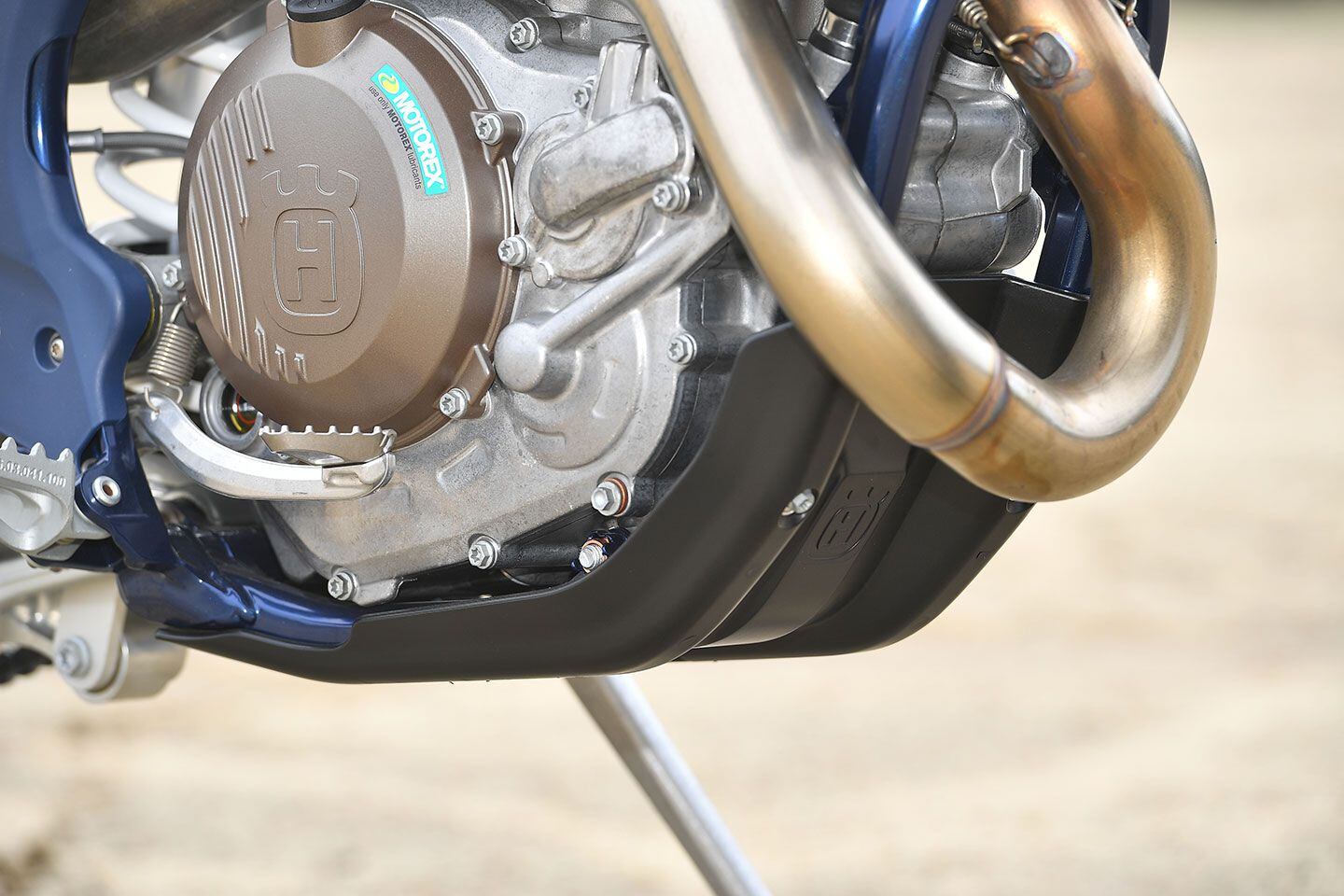 Although not providing full coverage, a very functional skid plate does protect the lower frame rails and engine crankcases.