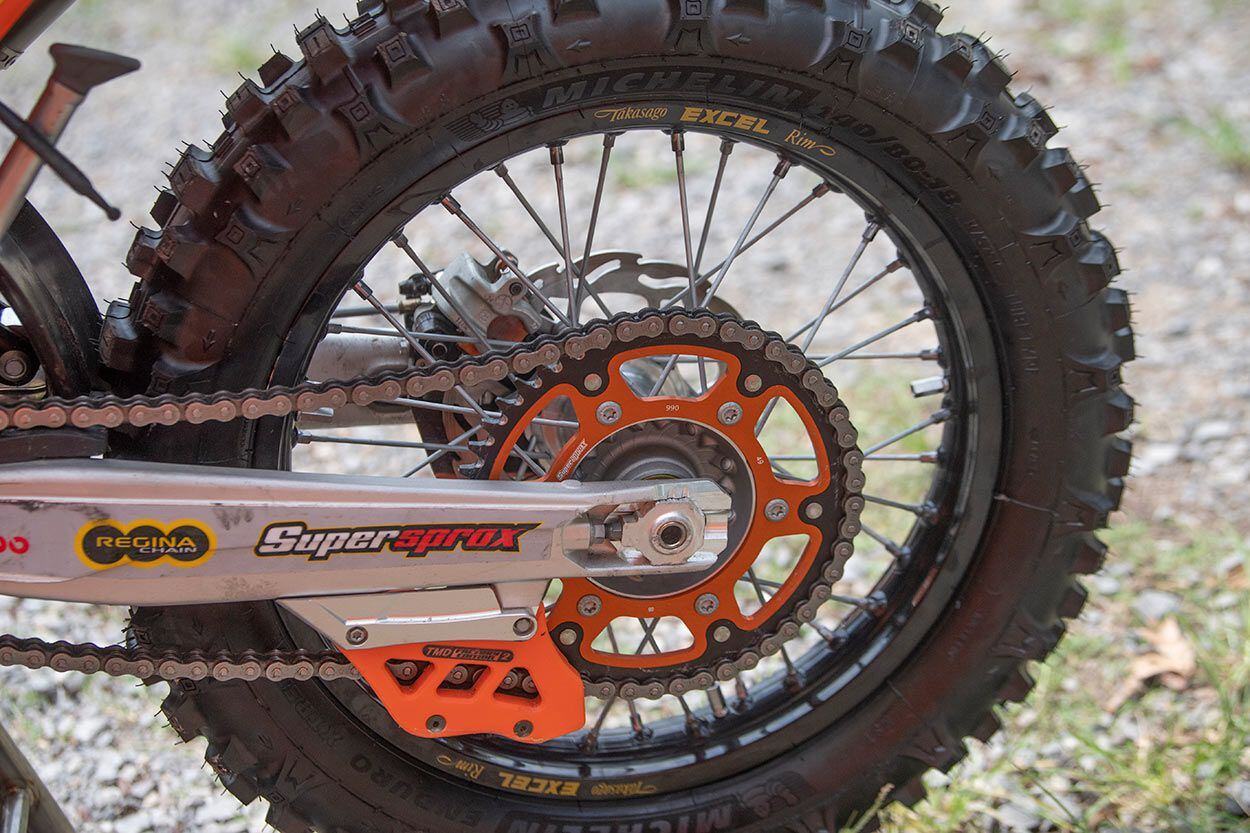 Christian told us that Lettenbichler normally runs a 12-tooth countershaft sprocket with a 49-tooth rear, though he will sometimes switch to a 50-tooth depending on the terrain and conditions.