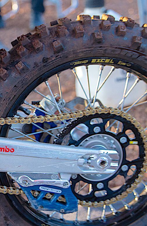 “The bibs inside of Colton’s tires, surprisingly enough, are the same setup he runs for EnduroCross. It’s maybe a little bit more drilled out and very used, to make it much softer for hard enduro.”